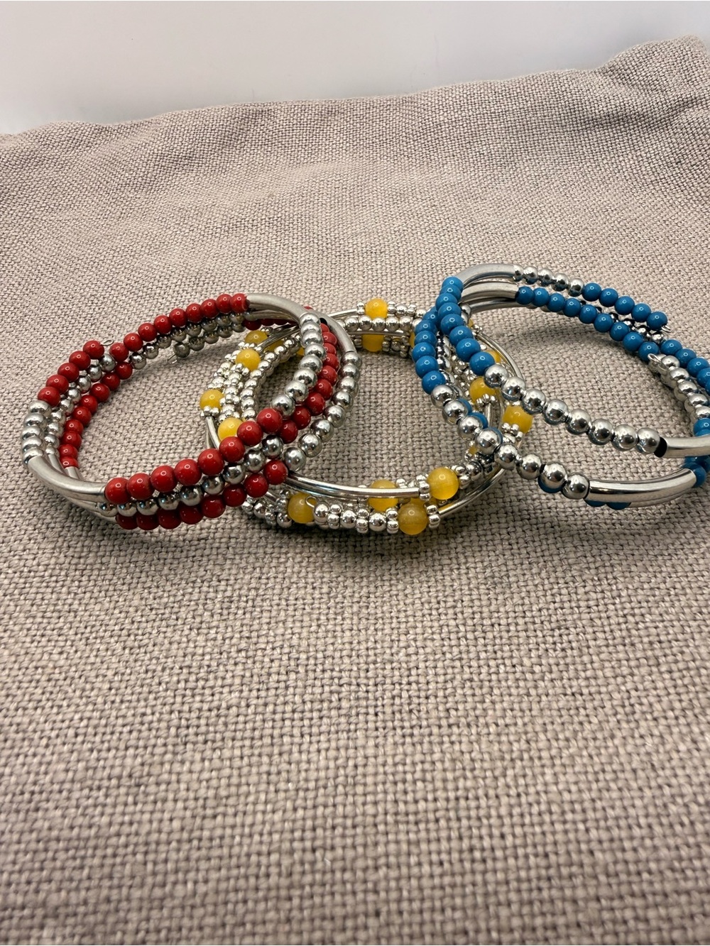 Set of Stackable Beaded Hoop Bracelets - Red, Yellow & Blue